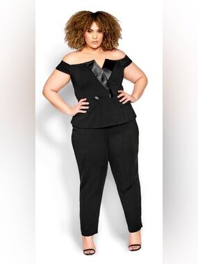 City Chic Plus Size Off-Shoulder Black Jumpsuit with Satin Lapel